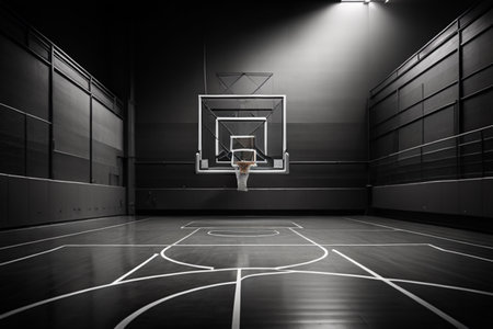Basketball court in dark room with neon lights. 3D renderingの素材