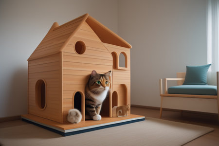 Cute cat sleeping on a wooden toy house in the living roomの素材