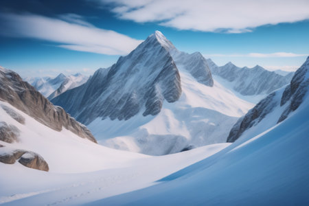 Beautiful winter mountains landscape with snow and clear blue sky background.の素材