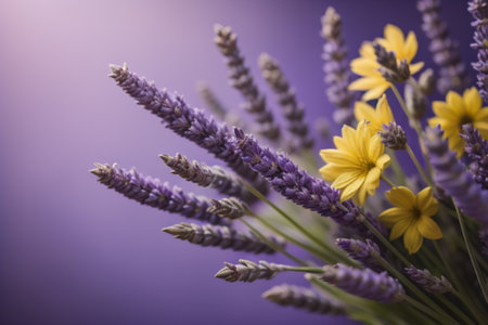 Bouquet of lavender and yellow flowers on purple background.の素材