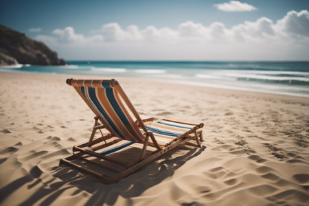 Beach chair on the sandy beach with sea and blue sky backgroundの素材