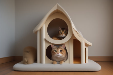 Cute cat looking out of a wooden birdhouse, 3D renderingの素材