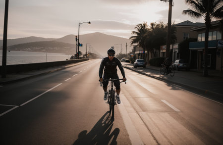 Cyclist riding a bike on a road in the city.の素材