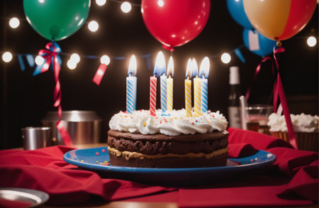 Birthday cake with burning candles on table in room decorated with balloonsの素材