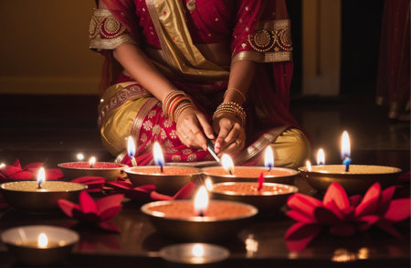 Indian woman lighting candles during Diwali festival, Hindu tradition.の素材