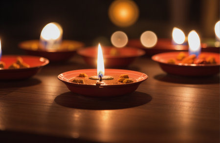 Beautiful diwali diya lamps lit during diwali celebrationの素材