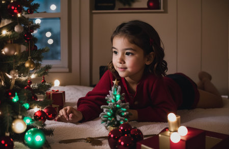 Little girl with christmas tree and presents on the bed at homeの素材