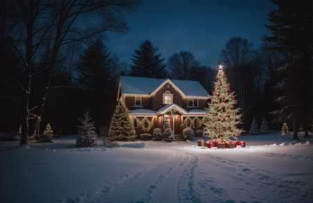 Christmas tree in front of a house in a snowy forest at nightの素材