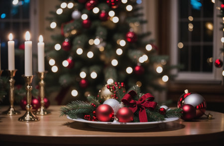 Christmas and New Year background with Christmas tree, candles and decorations.の素材