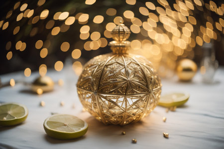 Christmas and New Year decoration with golden ball and bokeh backgroundの素材