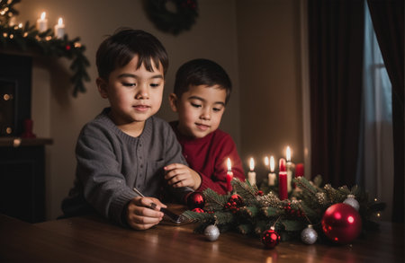 Two little boys decorating christmas tree with burning candles at homeの素材