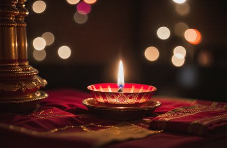 Diwali diya or oil lamp lit during diwali celebration. Hindu festival of lights. Selective focusの素材