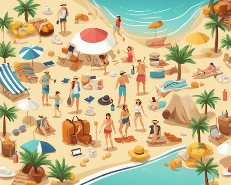 Beach isometric pattern with people sunbathing and sunbathing on sand and sea background vector illustrationの素材