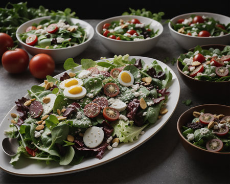 Healthy salad with arugula, cherry tomatoes, feta cheese and pine nutsの素材