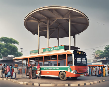 Buses on the road with people in the background. 3d renderingの素材