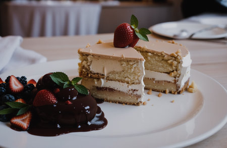 Tiramisu cake with strawberries, blueberries and chocolate on white plateの素材