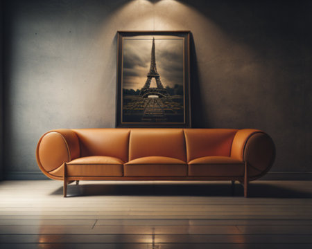 Eiffel tower in vintage interior with orange sofa and picture frameの素材