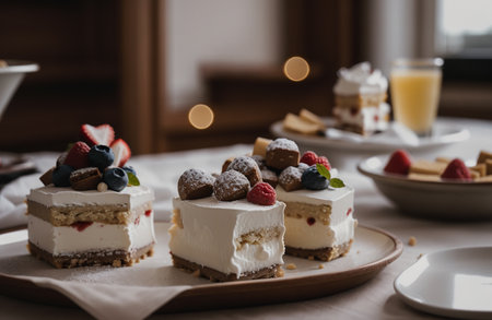 Cake with berries on a wooden plate. Selective focus.の素材