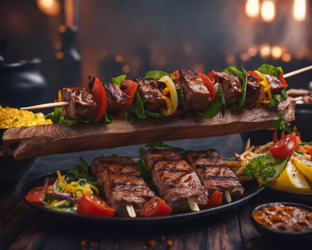 Grilled beef steaks on skewers with vegetables on a dark background.の素材
