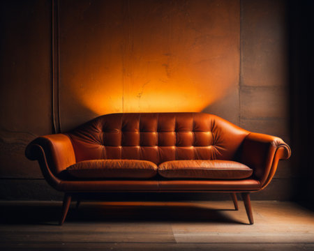 Vintage leather sofa in the room. Retro style, soft focus.の素材