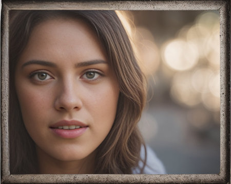 Portrait of a beautiful young woman in a vintage frame on the streetの素材
