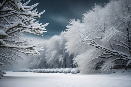 Beautiful winter landscape with frozen trees and snow-covered road.の素材