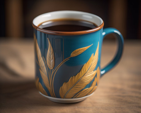 Cup of coffee on a wooden table. Toned image.の素材