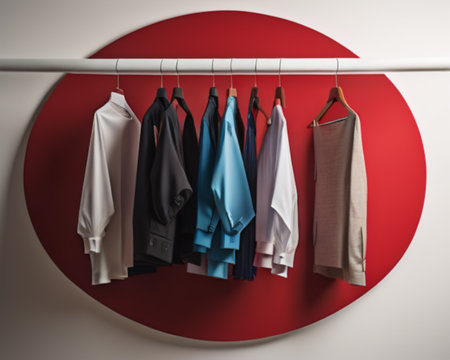 Clothes hanging on a hanger in a wardrobe with red circleの素材