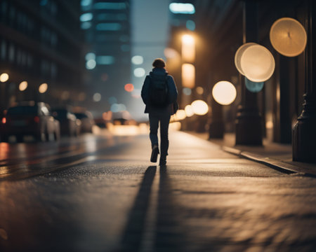 Back view of a young man with a backpack walking on the street at nightの素材