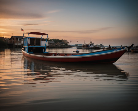 Fishing boat on the water at sunset in the fishing village.の素材