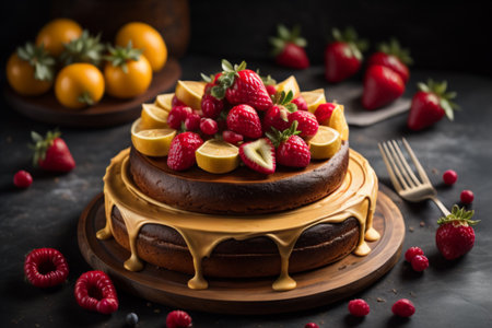 Homemade chocolate cake with fresh raspberries and lemon on dark backgroundの素材