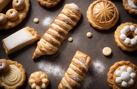 Close up of a selection of sweet pastries on a brown backgroundの素材