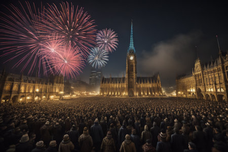 Big Ben and New Year's Eve Fireworks, London, UKの素材