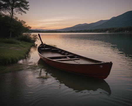 Wooden boat on a lake at sunset, with mountains in the backgroundの素材