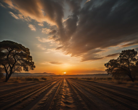 Sunset in the Australian outback, with a road and treesの素材