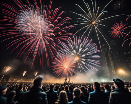 Crowd watching fireworks in the night sky. New Year's Eveの素材