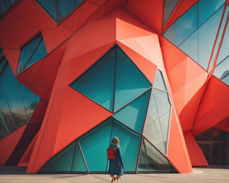 Beautiful young woman in red dress walking in front of modern buildingの素材