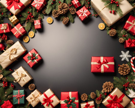 Christmas background with fir tree branches, gift boxes and decorations on black backgroundの素材