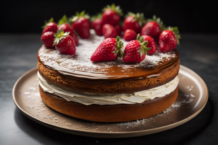 Chocolate cake with cream and fresh strawberries on a black background.の素材
