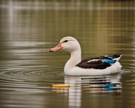 duck swimming in a lake with water droplets on the waterの素材