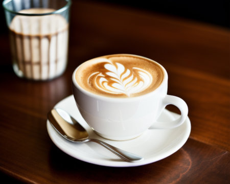 Coffee cup with latte art on wooden table in coffee shopの素材