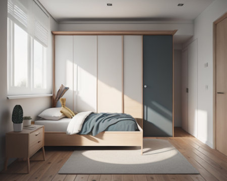 Interior of modern bedroom with wooden walls, wooden floor, comfortable king size bed and wardrobe. 3d renderingの素材