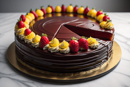 Delicious chocolate cake with berries on white marble table, closeupの素材