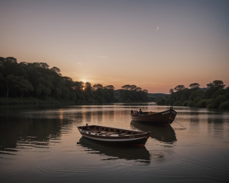 Fishing boat on the river at sunset with trees in the backgroundの素材