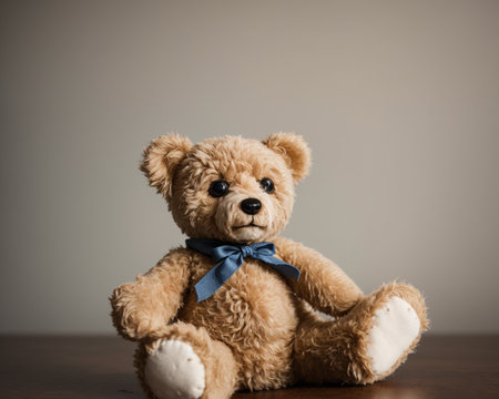 Teddy bear with blue bow tie sitting on wooden floor, studio shotの素材