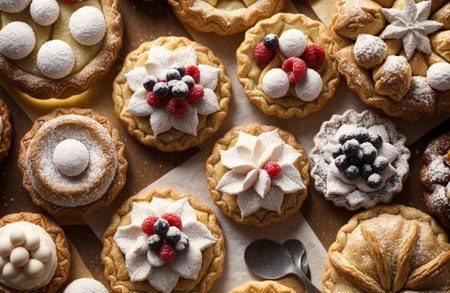 Variety of tartlets with berries and powdered sugar. Top view.の素材