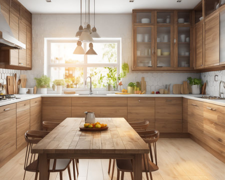 Interior of modern kitchen with white walls, wooden floor, white countertops and wooden cupboards. 3d renderingの素材