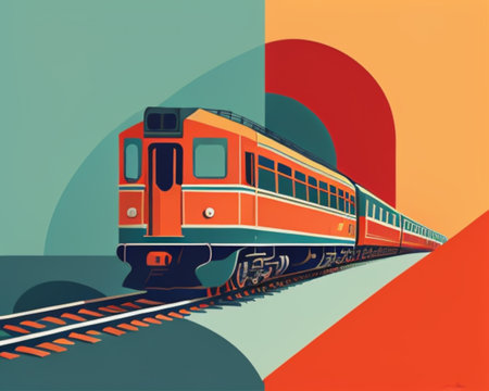Train in retro style on a colorful background. Vector illustration for your designの素材