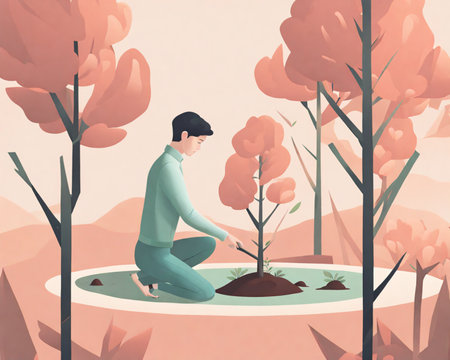 Vector illustration of a young man planting a tree in the forest.の素材