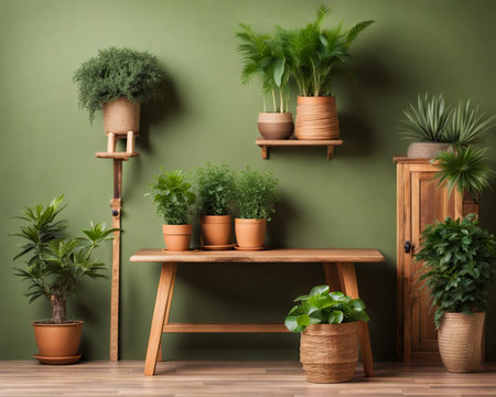 Wooden shelf with different houseplants in pots on green wall backgroundの素材